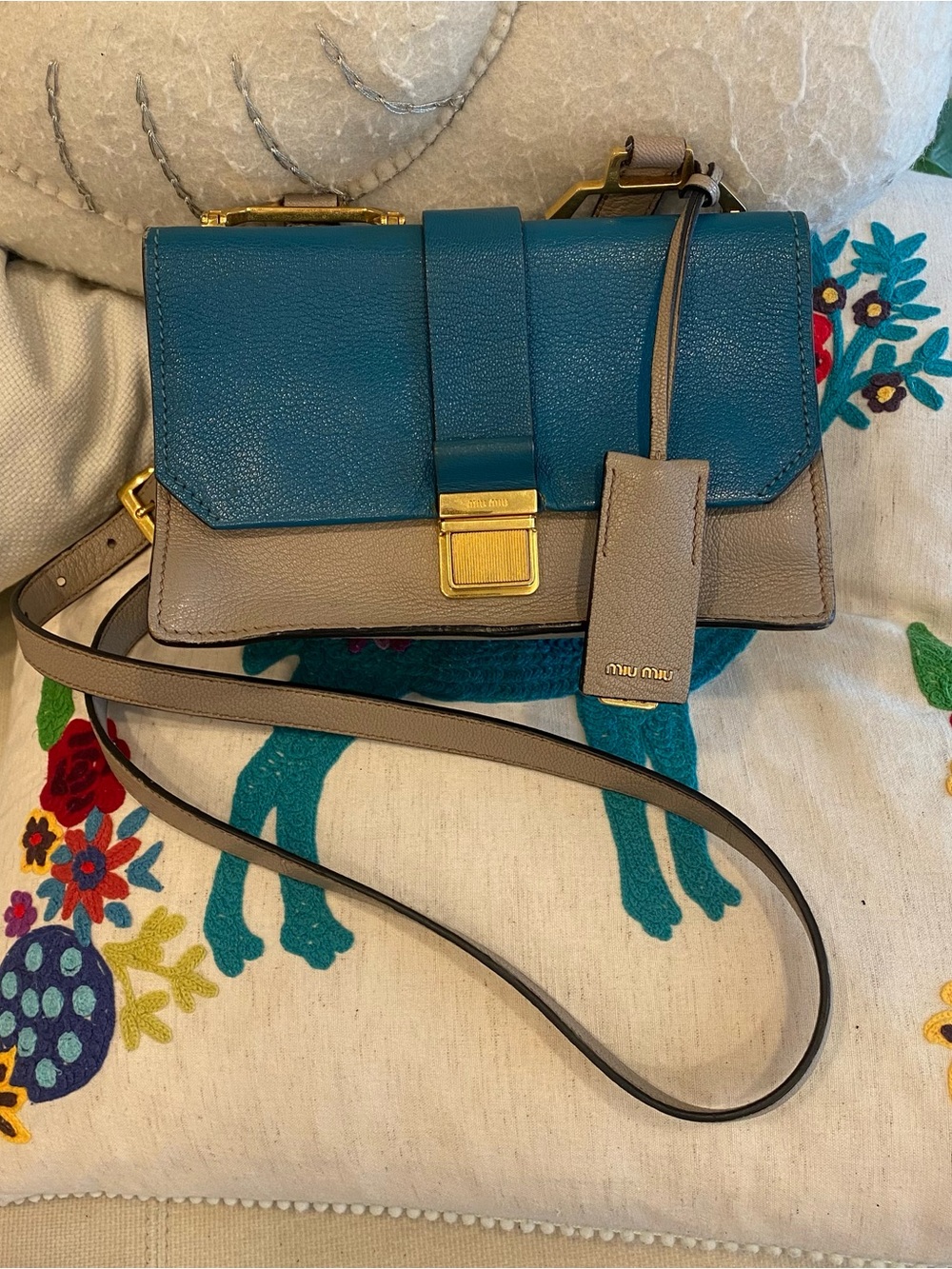 Miu Miu Teal and Taupe Madras Leather Crossbody Bag